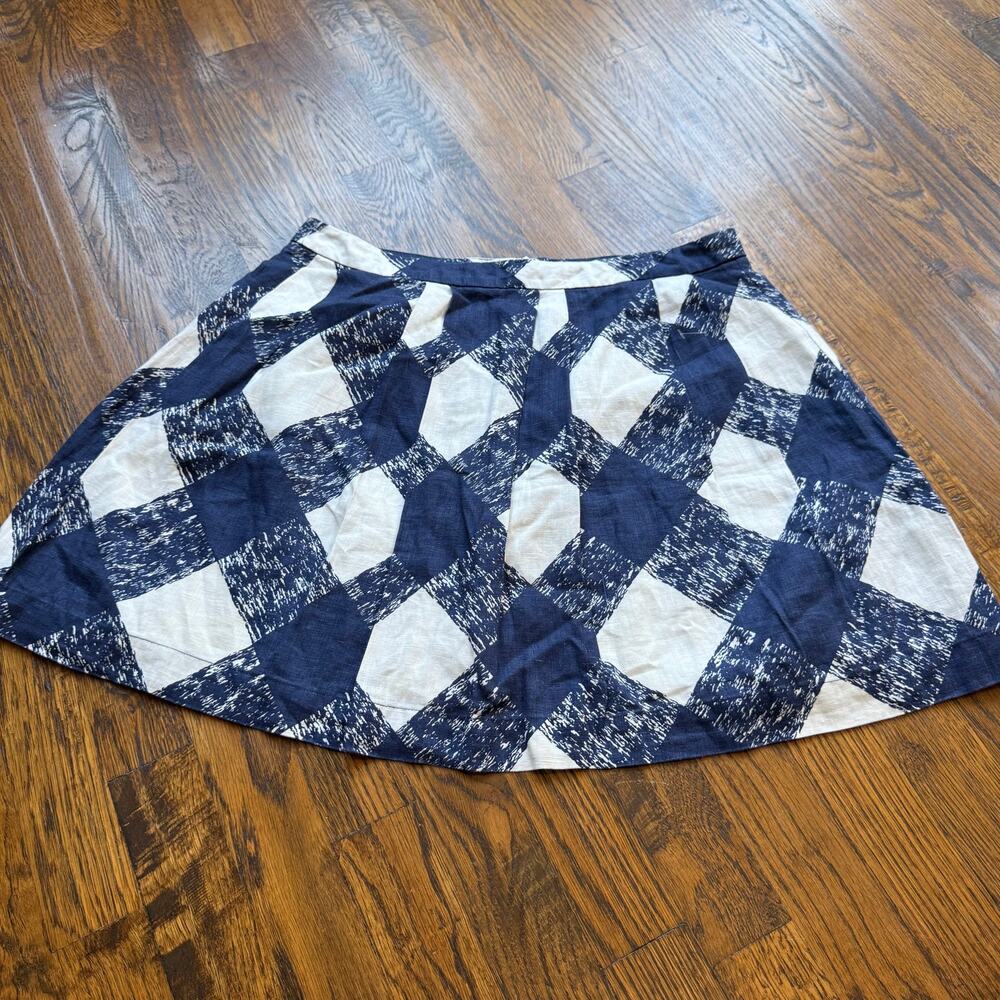 Boden 100% Linen Gingham A-Line Pleated Skirt 8R Navy and White